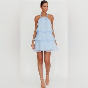 Tulips Tiered Halterneck Mini Dress Baby Blue
